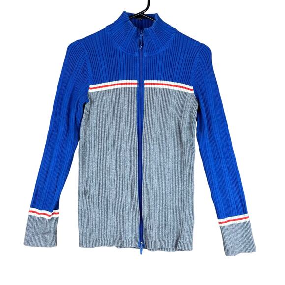 Eddie Bauer Womens Sweater Blue Gray Cardigan Full Zip Colorblock Ribbed M - Picture 1 of 13